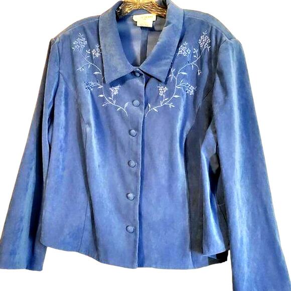 Lady Dorby Blue Top Back slit Plus Size 24 WP Petite Embroidered Button Vintage - Picture 1 of 7